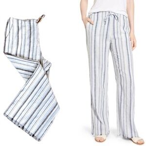 NIC+ZOE Relaxed Linen Blend Striped Pant 8 Frayed‎ Hem drawstring Beach Coastal